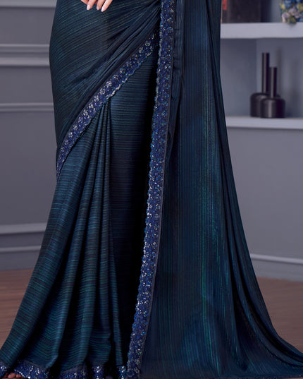 Dazzling Peacock Blue Glitter Silk Embroidered Designer Saree