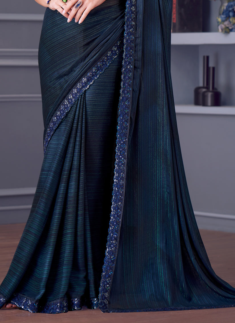 Dazzling Peacock Blue Glitter Silk Embroidered Designer Saree