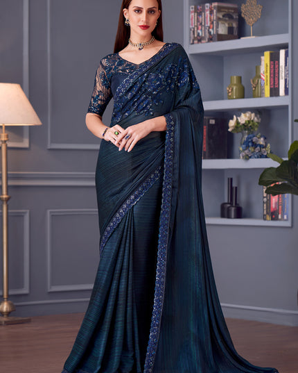 Dazzling Peacock Blue Glitter Silk Embroidered Designer Saree