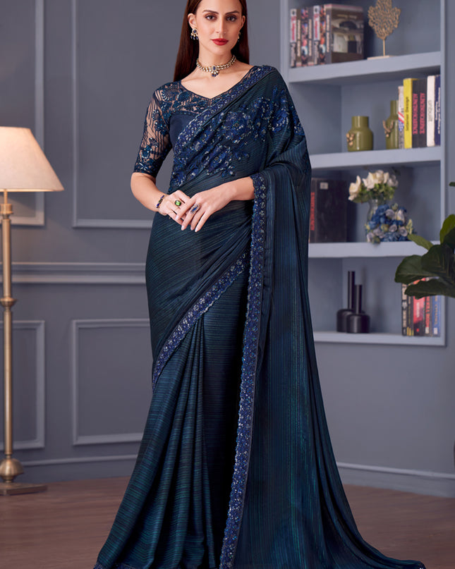 Dazzling Peacock Blue Glitter Silk Embroidered Designer Saree