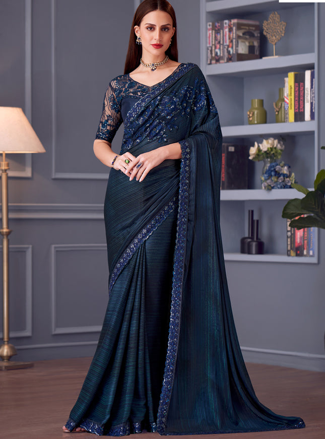 Dazzling Peacock Blue Glitter Silk Embroidered Designer Saree