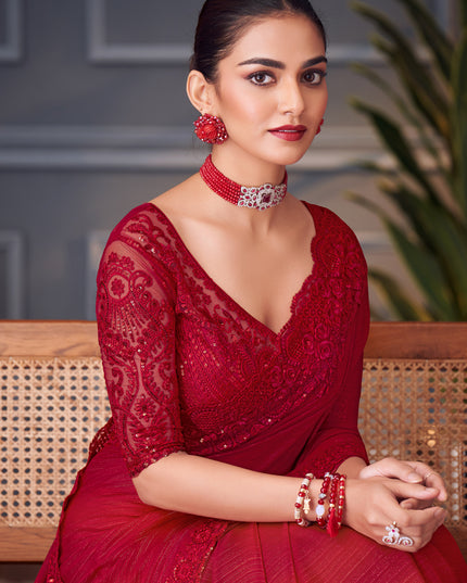 Charismatic Cherry Red Glitter Silk Embroidered Designer Saree