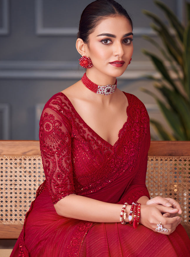 Charismatic Cherry Red Glitter Silk Embroidered Designer Saree