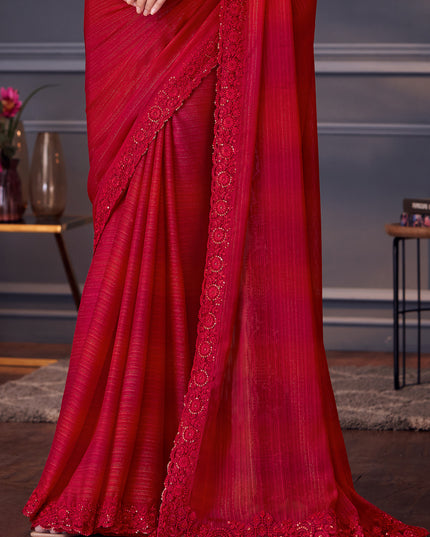 Charismatic Cherry Red Glitter Silk Embroidered Designer Saree