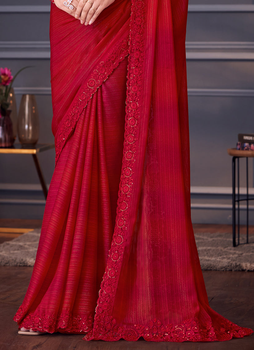 Charismatic Cherry Red Glitter Silk Embroidered Designer Saree