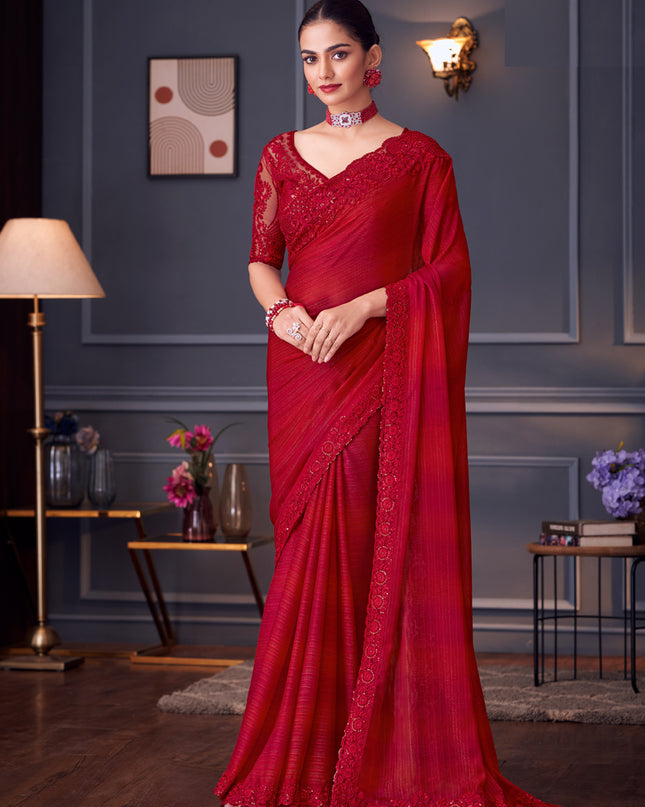 Charismatic Cherry Red Glitter Silk Embroidered Designer Saree
