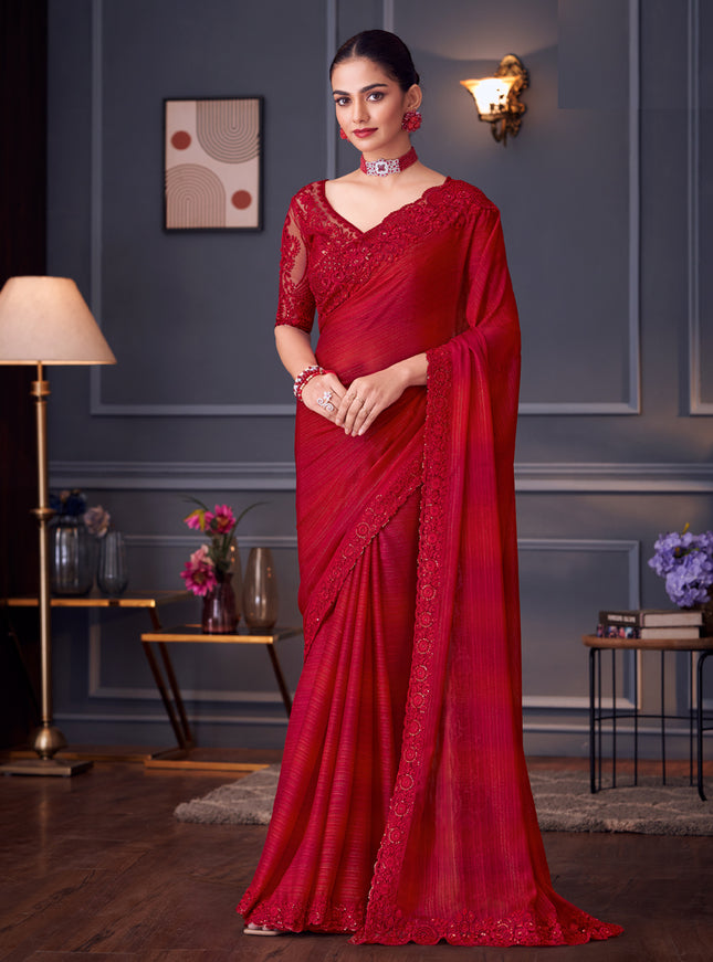 Charismatic Cherry Red Glitter Silk Embroidered Designer Saree