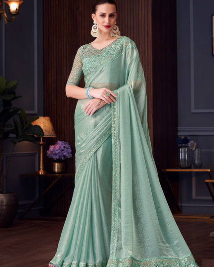 Fabulous Mint Blue Double Tone Silk Embroidered Designer Saree