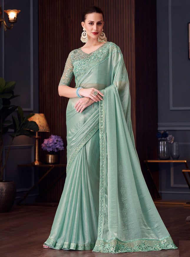Fabulous Mint Blue Double Tone Silk Embroidered Designer Saree
