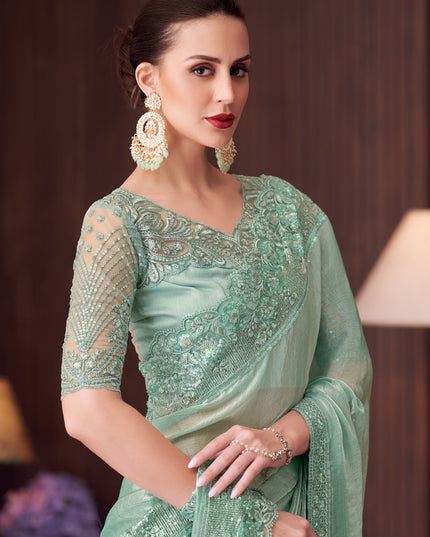 Fabulous Mint Blue Double Tone Silk Embroidered Designer Saree