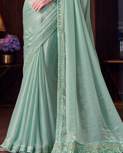 Fabulous Mint Blue Double Tone Silk Embroidered Designer Saree