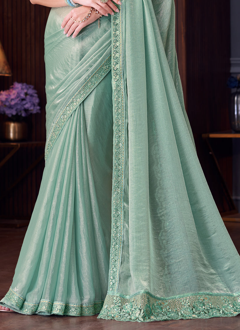 Fabulous Mint Blue Double Tone Silk Embroidered Designer Saree