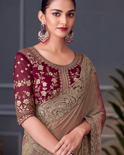 Outstanding Bronze Double Tone Silk Embroidered Designer Saree