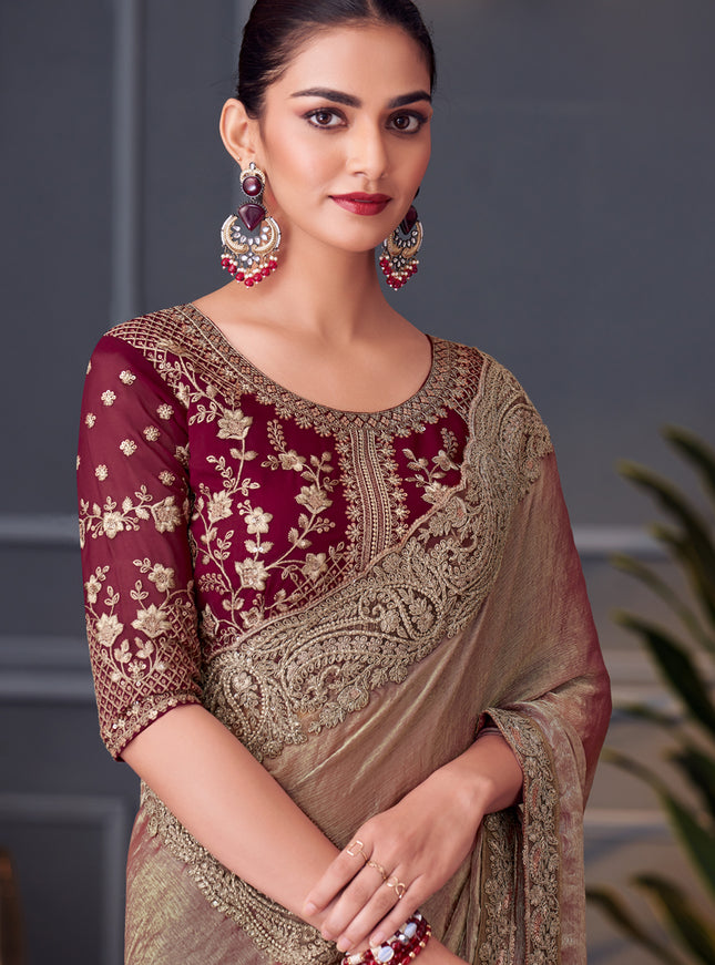 Outstanding Bronze Double Tone Silk Embroidered Designer Saree