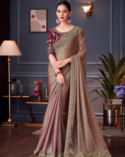 Outstanding Bronze Double Tone Silk Embroidered Designer Saree