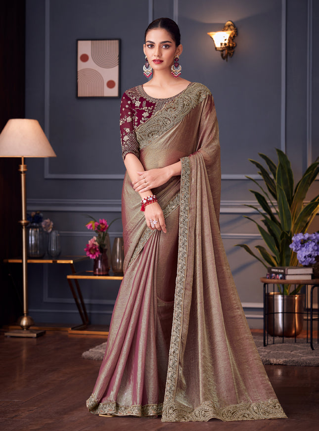 Outstanding Bronze Double Tone Silk Embroidered Designer Saree