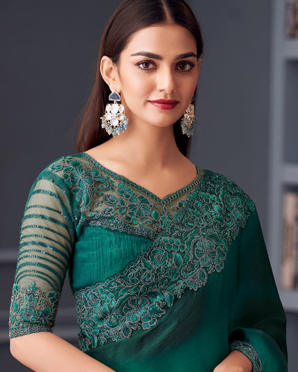 Sophisticated Pine Green Satin Chiffon Embroidered Designer Saree