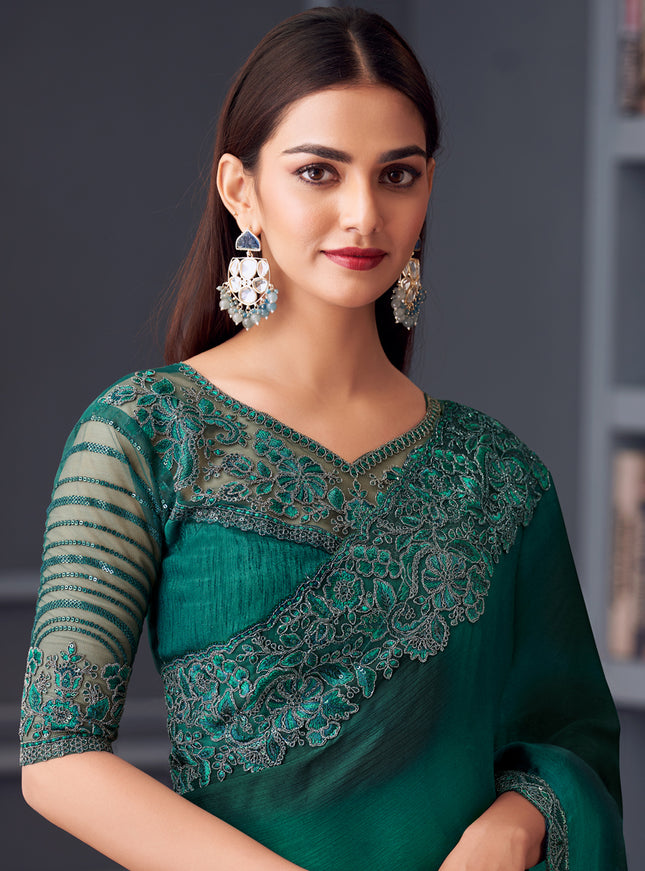 Sophisticated Pine Green Satin Chiffon Embroidered Designer Saree