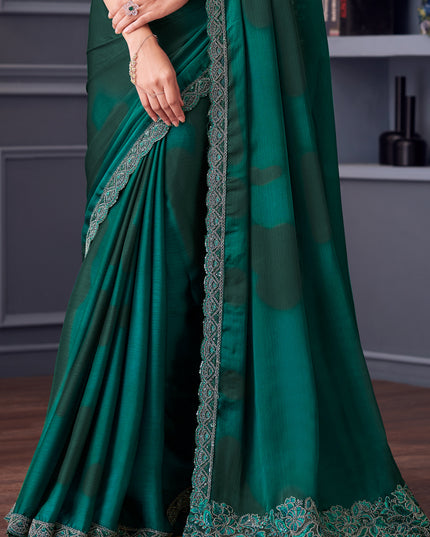 Sophisticated Pine Green Satin Chiffon Embroidered Designer Saree