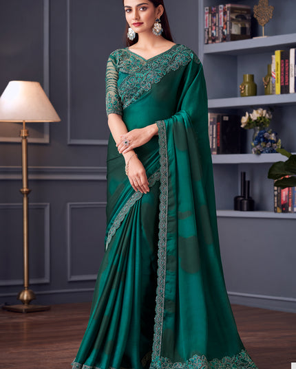 Sophisticated Pine Green Satin Chiffon Embroidered Designer Saree