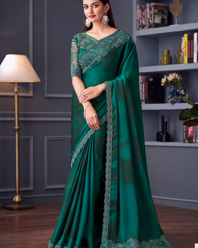 Sophisticated Pine Green Satin Chiffon Embroidered Designer Saree