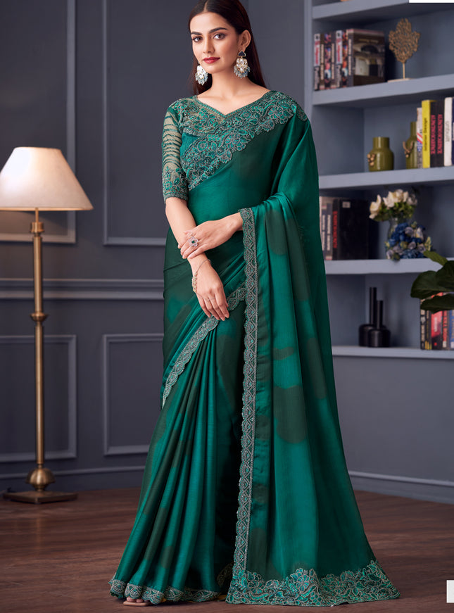 Sophisticated Pine Green Satin Chiffon Embroidered Designer Saree