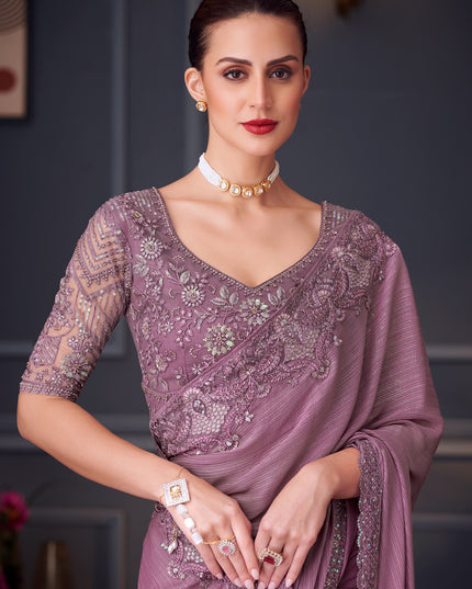 Impeccable Lilac Pink Shimmer Silk Embroidered Designer Saree