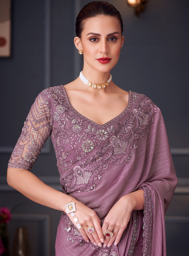 Impeccable Lilac Pink Shimmer Silk Embroidered Designer Saree