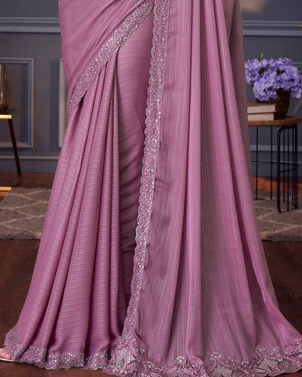 Impeccable Lilac Pink Shimmer Silk Embroidered Designer Saree