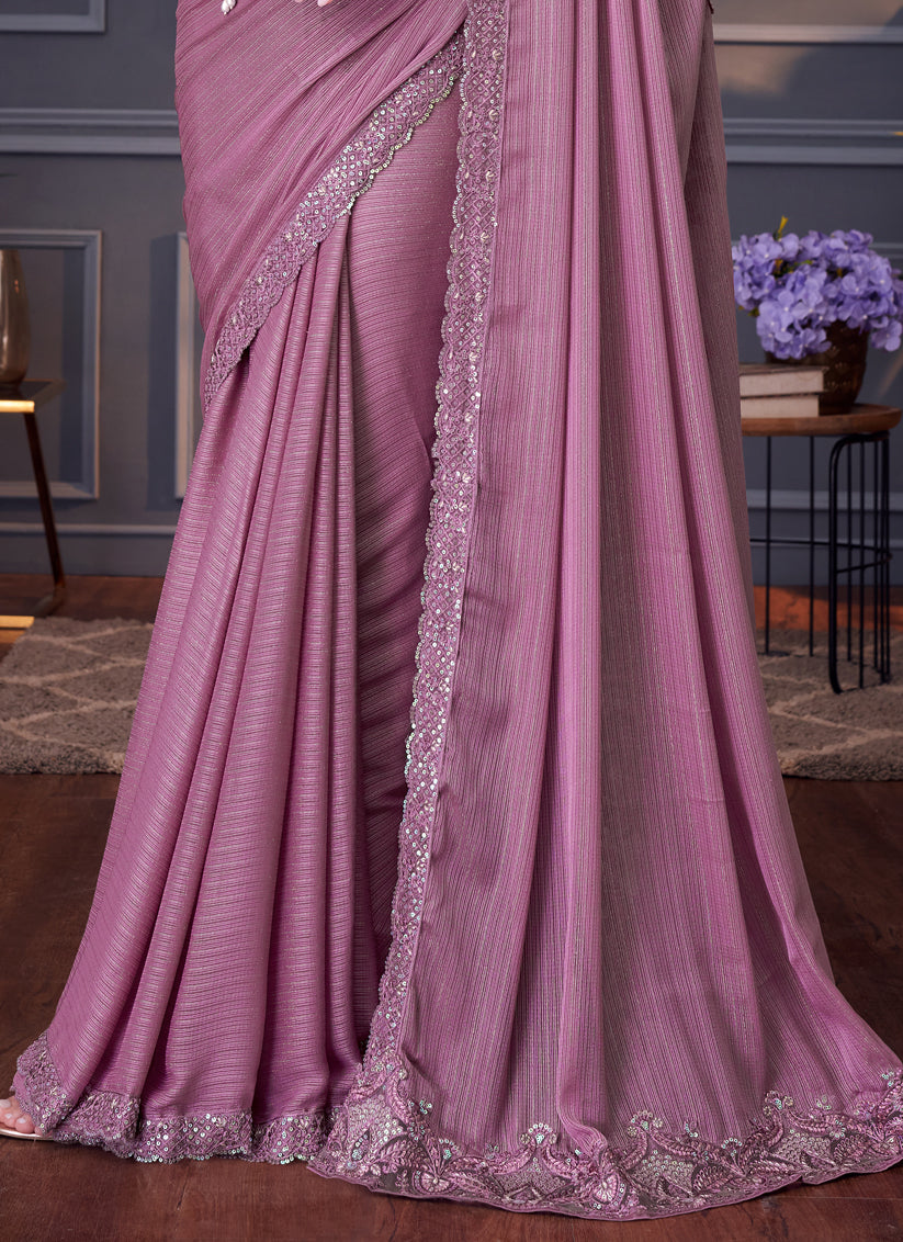 Impeccable Lilac Pink Shimmer Silk Embroidered Designer Saree