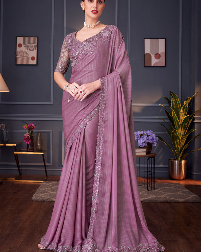 Impeccable Lilac Pink Shimmer Silk Embroidered Designer Saree