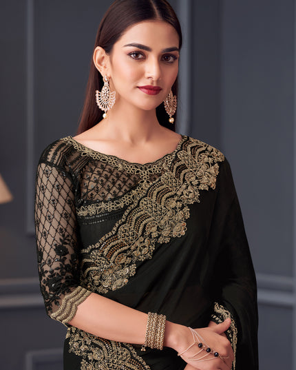 Flawless Black Satin Chiffon Embroidered Designer Saree