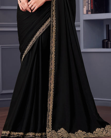 Flawless Black Satin Chiffon Embroidered Designer Saree