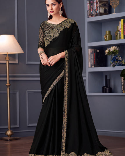 Flawless Black Satin Chiffon Embroidered Designer Saree