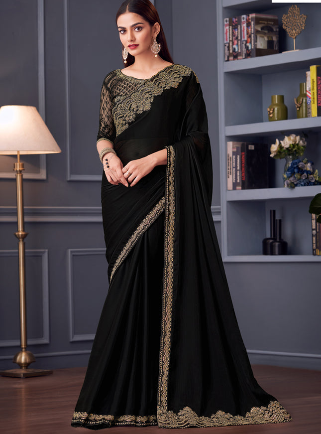 Flawless Black Satin Chiffon Embroidered Designer Saree