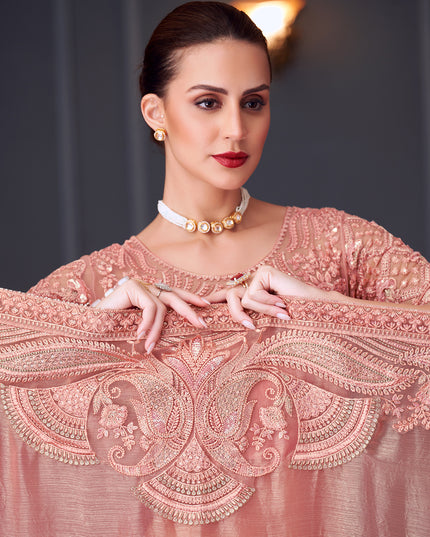 Graceful Coral Pink Chiffon Silk Embroidered Designer Saree