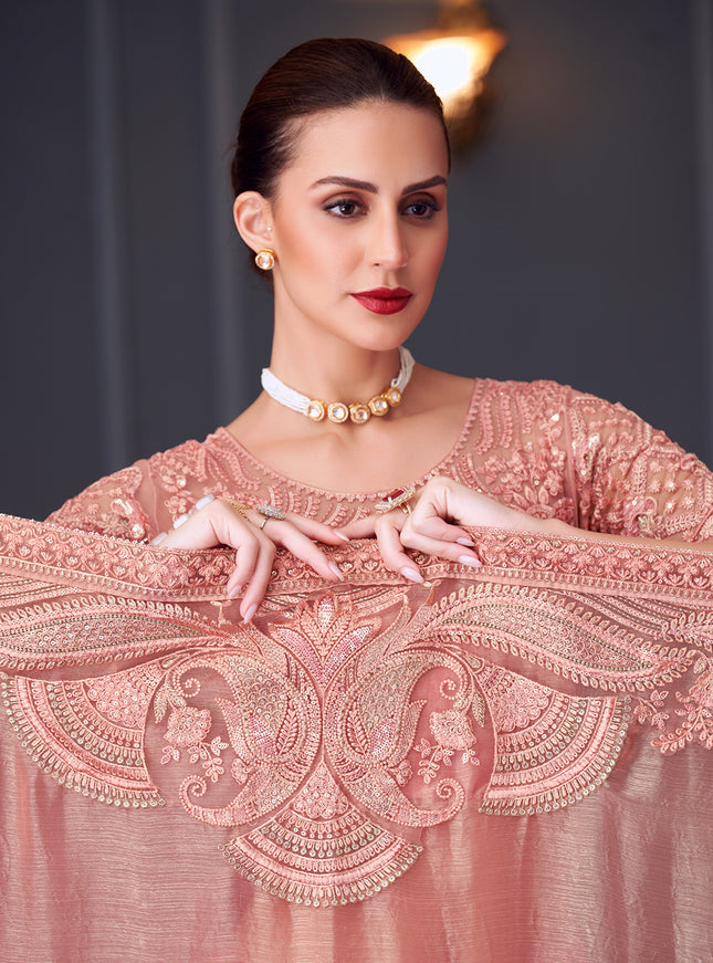 Graceful Coral Pink Chiffon Silk Embroidered Designer Saree