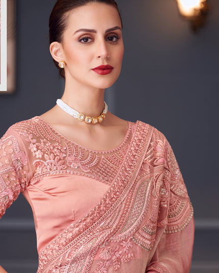 Graceful Coral Pink Chiffon Silk Embroidered Designer Saree
