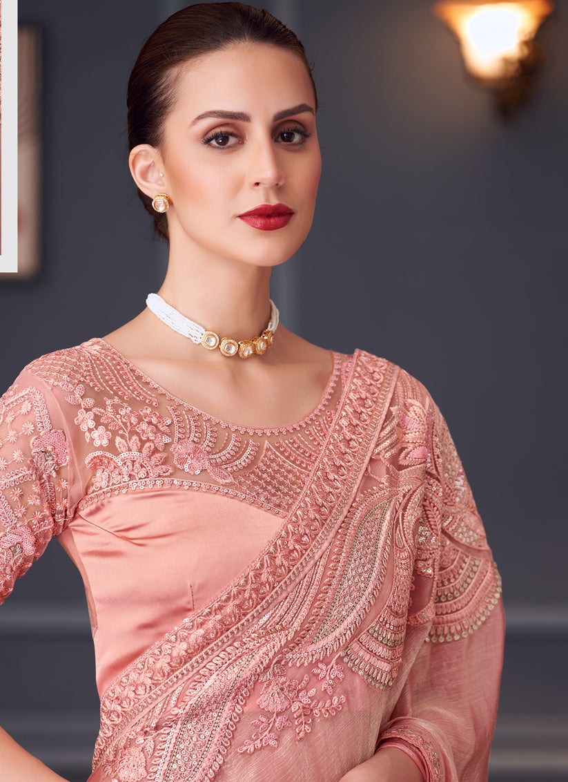 Graceful Coral Pink Chiffon Silk Embroidered Designer Saree