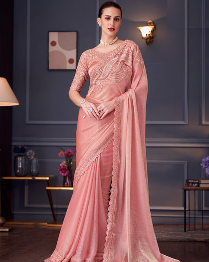 Graceful Coral Pink Chiffon Silk Embroidered Designer Saree