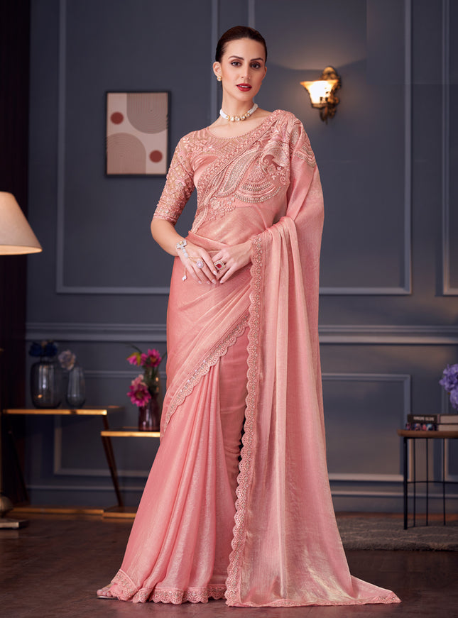 Graceful Coral Pink Chiffon Silk Embroidered Designer Saree