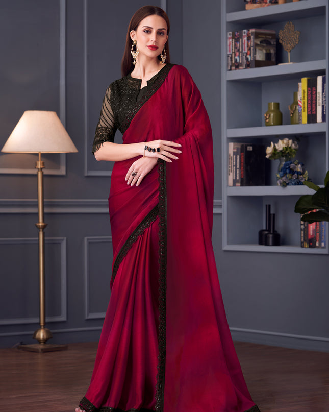 Striking Maroon Satin Chiffon Embroidered Designer Saree