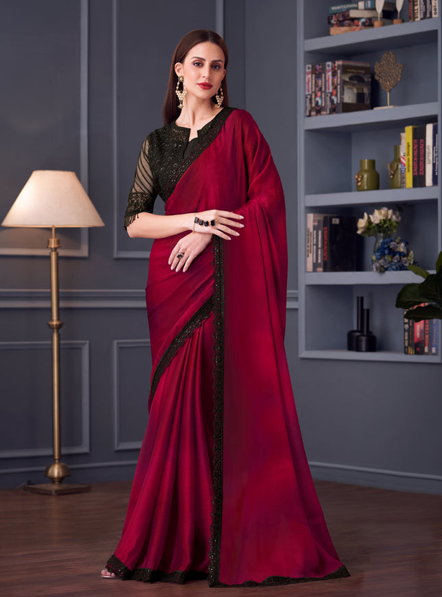Striking Maroon Satin Chiffon Embroidered Designer Saree