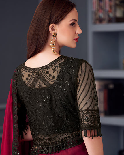Striking Maroon Satin Chiffon Embroidered Designer Saree