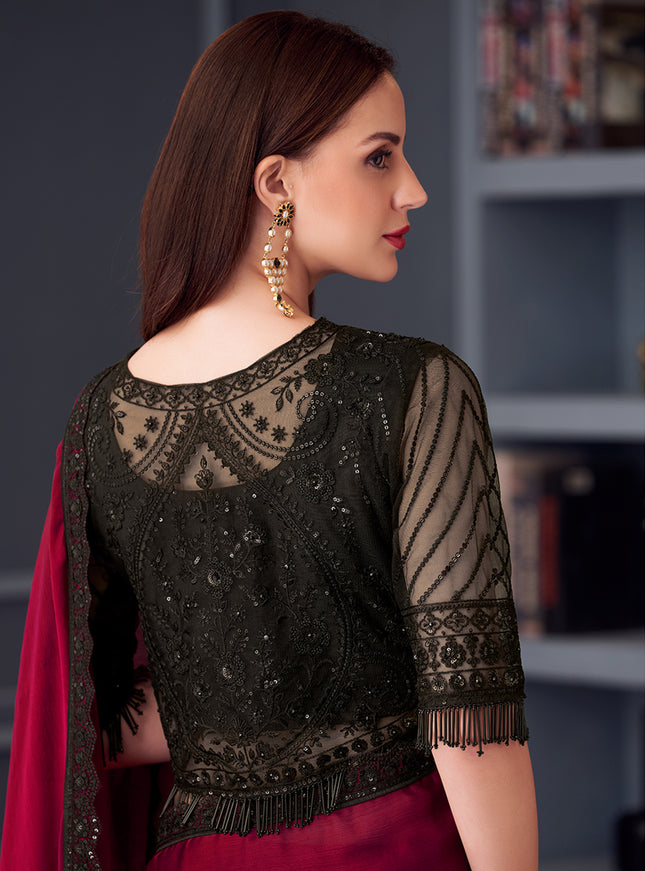 Striking Maroon Satin Chiffon Embroidered Designer Saree
