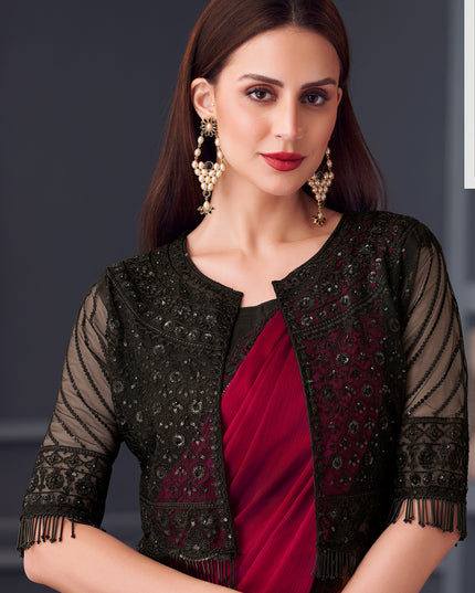 Striking Maroon Satin Chiffon Embroidered Designer Saree